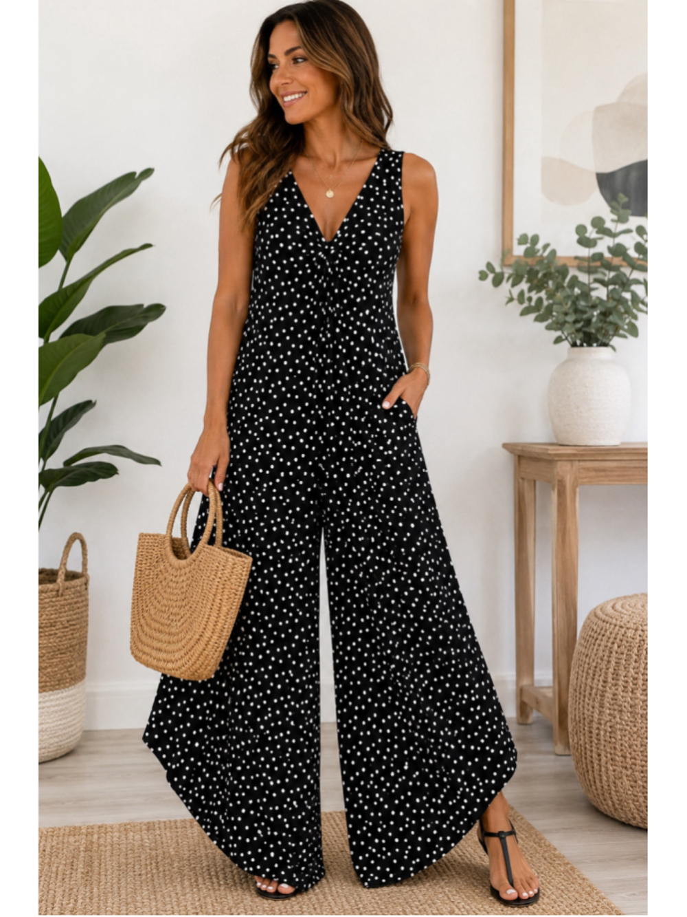 Sami & Jo Black White Polka Dot Wide Leg Jumpsuit Size L